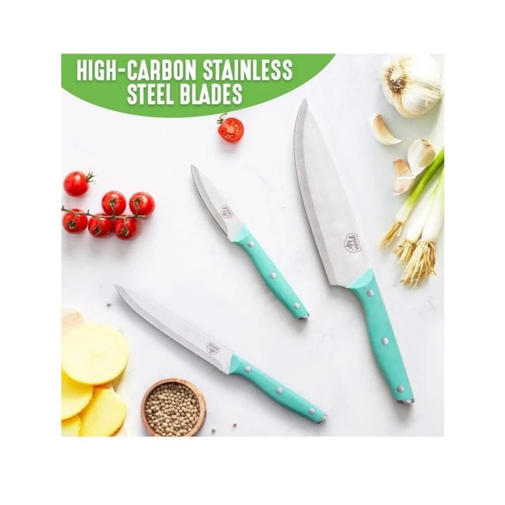 NEW GreenLife 3-Piece Knife Set - Chef Santoku Utility Paring Turquoise